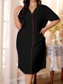 Côtesoire 对比色饰边纽扣休闲居家睡袍 - 黑色 - 查看 3