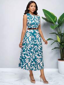 SHEIN Unity Women's Simple Asymmetric Collar Plant Print Commuter Dress - Multicolor - View 4