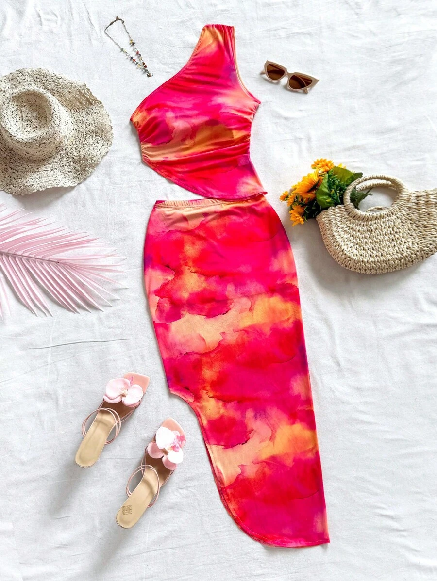 Soleia 2 件套女士扎染印花无袖上衣和迷你裙套装春夏女士波西米亚风海滩西部音乐节假日约会之夜下午茶 - 彩色 - 查看 1