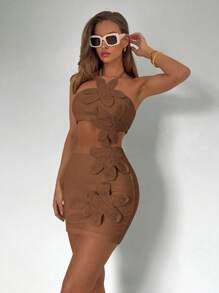 Roylia Set da 2 pezzi composto da canotta elegante da vacanza in tinta unita con texture traforata e ricamo 3D, abbinato a gonna midi