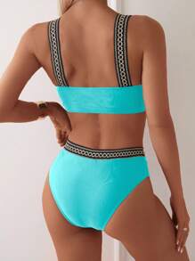 Swim Lushoire Vacation Beach Two Pieces Swimwear Set With Contrast Color Trim For Summer - Mint Green - View 3