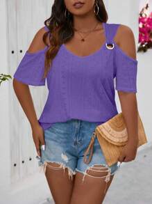 EMERY ROSE Plus Size Metallic Decor Jacquard Cold Shoulder Top For New Year Clothes - Purple - View 3