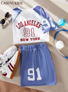 SHEIN 2pcs/Set Teen Girls Sporty Printed Top & Matching Shorts Athletic Outfit - Blue - View 6