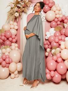 Loomaby 孕妇优雅纯色褶皱孕妇装 - 灰色 - 查看 2