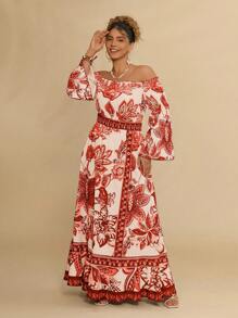 Travachic Plus Size Casual Resort Style Blue & White Floral & Print Off Shoulder Tie Up Ruffle Hem High Slit Dress For Women, Spring & Summer - Red - View 6