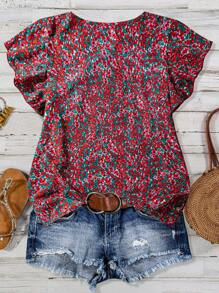 Linhara Plus Size Ditsy Floral Ruffled Trim Vacation Casual Shirt - Red - View 2