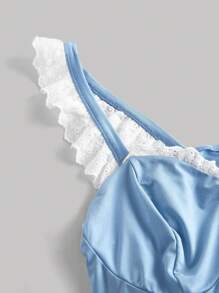SHEIN MOD Blusa de tirantes con volantes para mujer talla grande, elegante para el Día de la Madre, 4 de julio, primavera/verano, estilo vaquero - Azul y blanco - Ver 3
