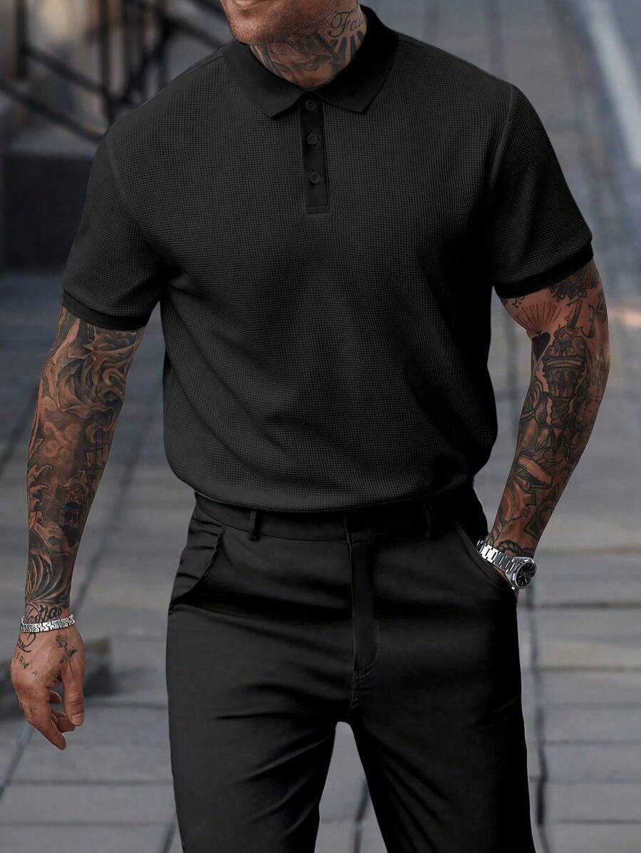 Manfinity CasualCool Men's Contrast Color Short Sleeve Polo Shirt And Pants Casual Commuter Suit Men Outfit Men Designer Outfits Outfit For Man Black Outfits For Men Men Outfits