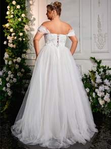 Glamrae Váy cưới chữ A hở vai thêu lưới màu trắng thanh lịch lãng mạn cỡ lớn, váy cưới, cô dâu - trắng - Xem 3