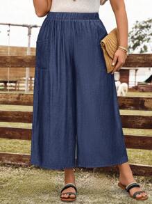 EMERY ROSE Plus Size Women's Early Spring Blue Denim Effect Capri Pants