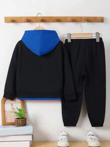 SHEIN Young Boy Casual Loose Fit 2 In 1 Hoodie With Placket And Contrast Colors, Plus Solid Knitting Pants Set - Multicolor - View 2