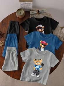 2 件套男婴休闲熊印花短袖 T 恤和短裤 3 件套服装套装，适合夏季户外和度假穿着
