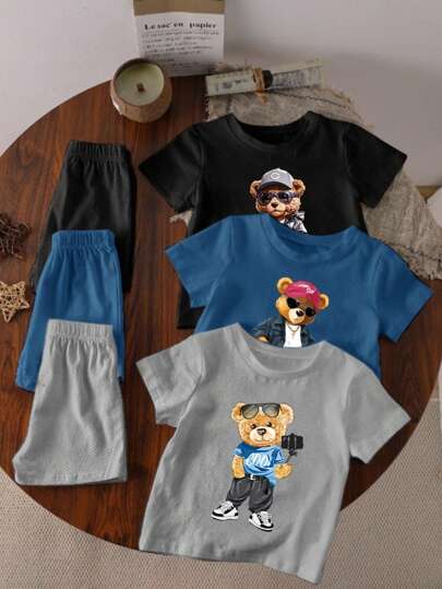 2pcs/Set Baby Boy Casual Bear Print Short Sleeve T-Shirt And Shorts 3 Piece Outfit Set, For Summer Outdoor & Holiday Wear