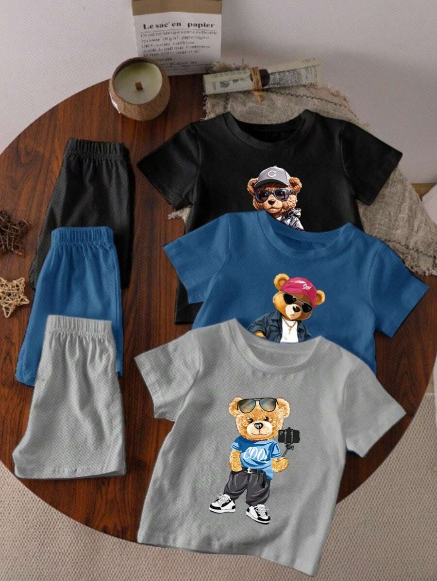 2 件套男婴休闲熊印花短袖 T 恤和短裤 3 件套服装套装，适合夏季户外和度假穿着