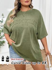 SHEIN CURVE+ Plus Size Vintage Distressed 3D Letter Graphic Loose T-Shirt, Curve Plus, Boho Vacation - Green - View 1