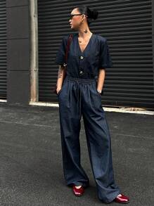 DAZY Women's V-Neck Denim 2 Pieces Suit Set, Spring/Summer