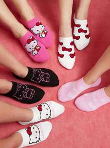HELLO KITTY AND FRIENDS | SHEIN 5 Pairs Women Breathable Soft Boat Socks/Invisible Socks, Reinforced Toe & Heel, Cute Bow Pattern, Assorted Colors, Suitable For Spring & Summer