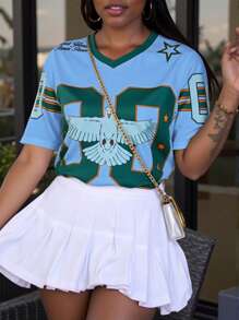 Women's Fashionable Colorblock Striped Numeral Print T-Shirt, Summer - Blue - View 1