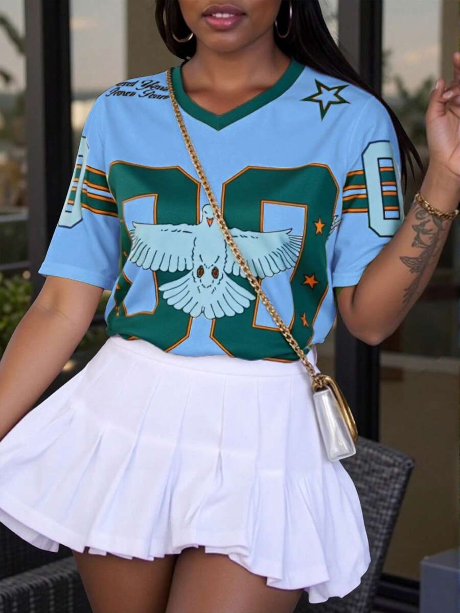 Women's Fashionable Colorblock Striped Numeral Print T-Shirt, Summer - Blue - View 1