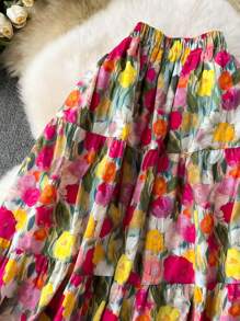 SHEIN VCAY Women's Oil Painting Floral Garden Print Elegant A-Line Skirt