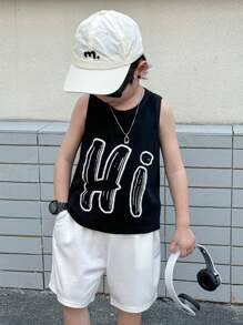 SHEIN Young Boys Casual Fitting Printed Sleeveless Knit Tank Top, Versatile For Commute, School, Daily Leisure, Travel, Sports, Suitable For Spring & Summer