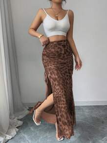 Rafferiza Women's Leopard Print Mesh Drawstring Slit Midi Skirt, Fashionable & Elegant Fall Cloth For Women - Khaki - View 4