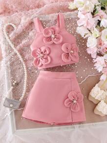 2 件套女童粉色四瓣花无袖短款吊带背心和短裤裙，活泼优雅的夏日度假装 - 粉色 - 查看 1