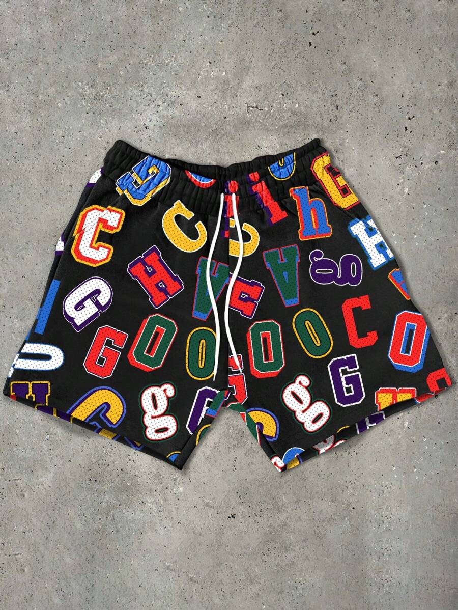 PAVTROS Manfinity Streetrush Men's Colorful Letter Printed Fashionable Shorts, Suitable For Summer Men Graphic Shorts - Multicolor - View 1