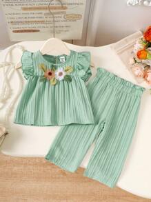 Baby Girl 2025 Summer New Green Color Cap Sleeve Top + Solid Wide Leg Casual Pants - Green - View 6