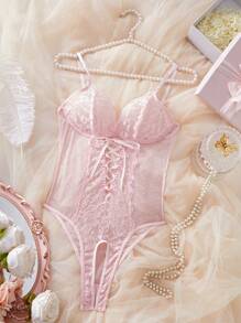 SHEIN Classic Sexy Body de encaje con corbata al cuello, corte en V delantero, sin cables