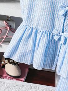 SHEIN 2 Stücke Set für Tween Mädchen: Ärmelloses gestreiftes Hemd mit Schleifenknopf und verlängerte Hose