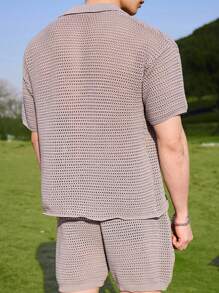 Manfinity CasualKnits Men's Solid Color Single-Breasted Short Sleeve Knit Top And Knit Shorts Set Men Short Sets Men Shirt Co Ords