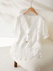 CosyJoli Camicia casual ed elegante con ricami e patchwork, manica corta, taglie comode