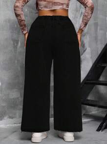 SHEIN SXY Plus Size Women Denim High Waist Wide Leg Jeans With Slit Detail Summer Outfits For Women Festival Outfits - Black - View 2