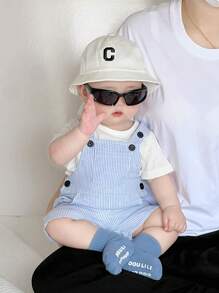 SHEIN Vintaside Kids 男婴条纹休闲时尚可爱连体裤 - 藍色 - 查看 3