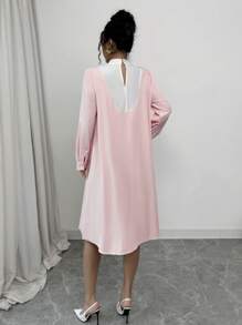 SHEIN Clasi 女士纯色拼接系带长袖优雅连衣裙 - 粉色 - 查看 2