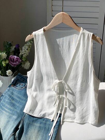 Comfortcana 女士亚麻系带前襟衬衫，无袖上衣