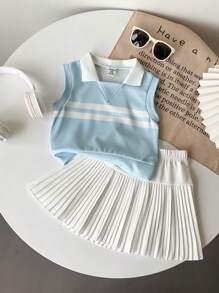 Souflis Souflis 2pcs/Set Baby Girl Infant Toddler Spring/Summer New Tennis Sport Elegant Sleeveless Polo Knit Top And Pleated Skirt Set, Grey/White, 0-3 Years