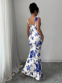 Elenzga 女士优雅露肩玫瑰花朵长款美人鱼连衣裙 - 藍色 - 查看 2