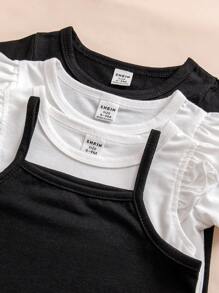 Bộ 4 áo thun tay ngắn cổ tròn viền bèo nhún cho bé gái, màu trắng, thoải mái và đa năng để mặc hàng ngày - Đen và trắng - Xem 4