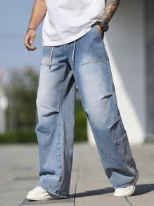Manfinity Homme Men's Drawstring Waist Pockets Pleated Wide Leg Loose Casual Jeans - Light Wash - View 1