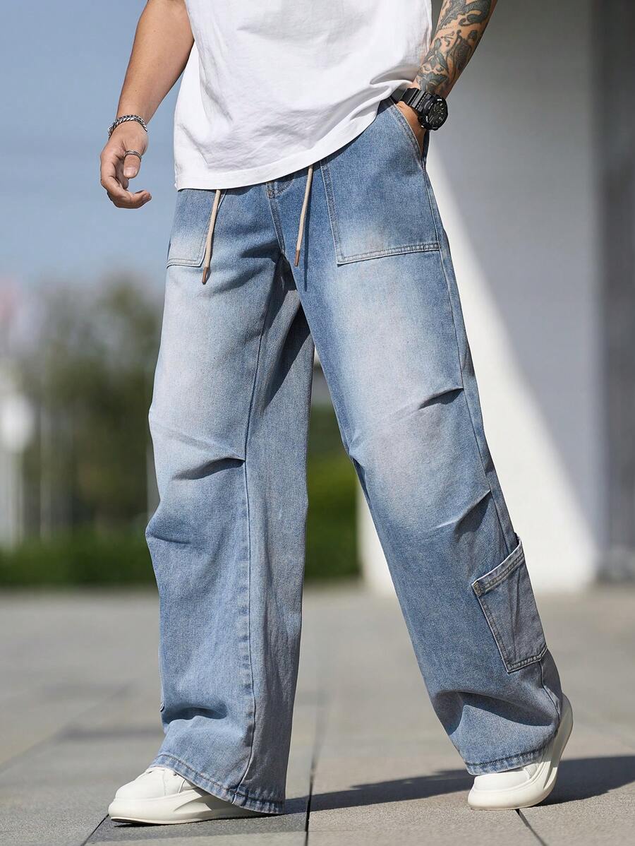Manfinity Homme Men's Drawstring Waist Pockets Pleated Wide Leg Loose Casual Jeans - Light Wash - View 1