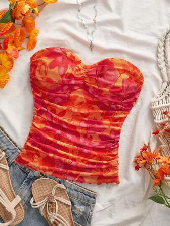 SHEIN VCAY Eng anliegendes Cami Tank Top mit gestricktem Netzstoff und Aufdruck für Damen, Strickgrafik-Aufdruck, elegante Sommerurlaubs-Outfits für Damen, Bohemian-Strandurlaubs-Outfits, Boho-Chic, Country-Konzert-Outfit, Urlaubs-Festival-Outfits, Strand-Outfits für Damen, Old-Money-Style für Damen, Tube-Top