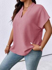 大码纯色 V 领蝙蝠袖简约夏季衬衫新年衣服 - 珊瑚粉 - 查看 1