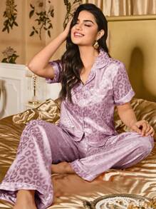 Women's Two Pieces Jacquard Collar Cardigan Pajama Set - Pink - View 3