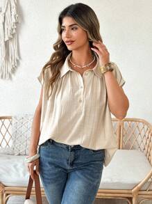 Flirla Blusa elegante y casual de talla grande para mujer, cómoda y holgada, de estilo minimalista y liso, con cuello y media cartera, adecuada para primavera, verano, uso diario y vacaciones