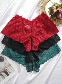 SHEIN 3pcs/Set Plus Size Lace Sexy Crotchless Panties Set - Multicolor - View 4