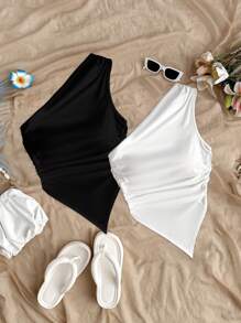 Soleia 2pcs/Set Solid Color Mixed Black And White Asymmetric Hem Asymmetrical Neck Tops, Suitable For Summer Vacation,Rave Top Suitable For Going Out