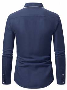 Manfinity Nomadique Men's Casual Patterned Print Front Button Long Sleeve Shirt, Men Embroidered Shirts, Men Cowboy Shirts, Western Shirts, Cowboy Shirts, For Fall - Navy Blue - View 2