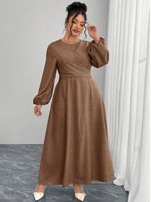 Modelyn Plus Size Simple Elegant Textured Lantern Sleeve Dress - Khaki - View 2